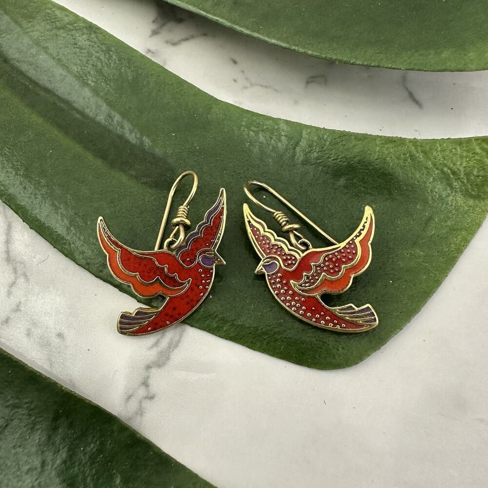 Laurel Burch Vintage 90s Kris Flying Bird Dangle Earrings Gold Red Novelty